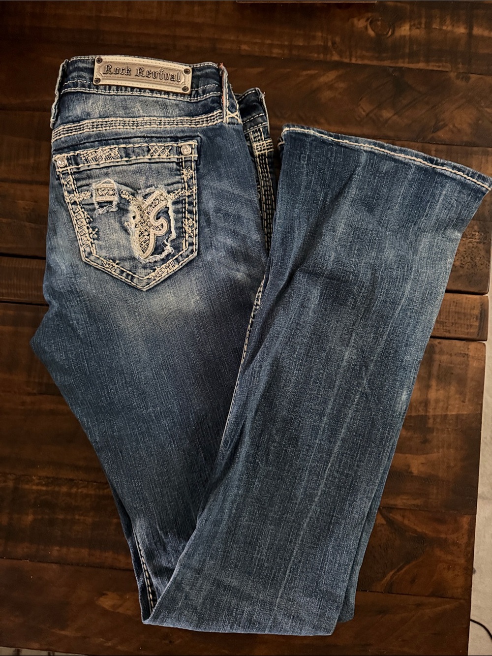 Rock Revival Women’s Dark Blue Boot Cut Jeans with Embroidered Pockets